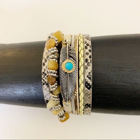 Metal Leaf Layered Animal Print Magnetic Bracelet - Picture 8 of 8